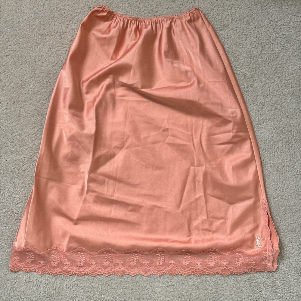 Vintage YSL Yves Saint Laurent Pink Slip Skirt with Lace Detail (S)
